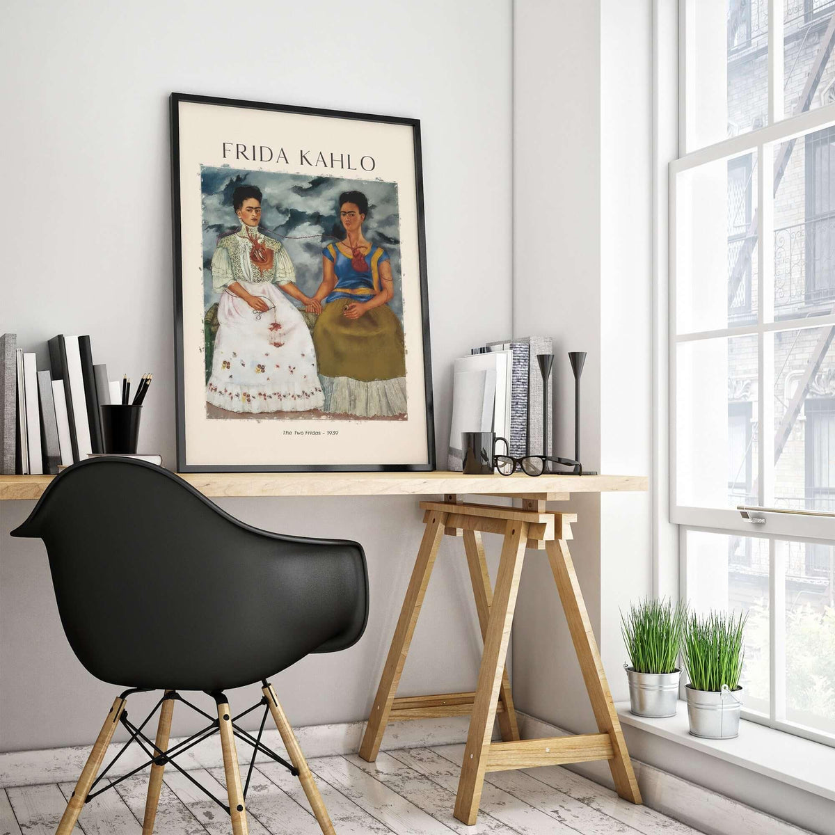 Frida Kahlo The Two Fridas Famous Art Print Poster Wall Art displayed in a modern office setting.