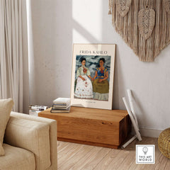 Frida Kahlo The Two Fridas Famous Art Print Poster Wall Art displayed in a stylish living room setting.