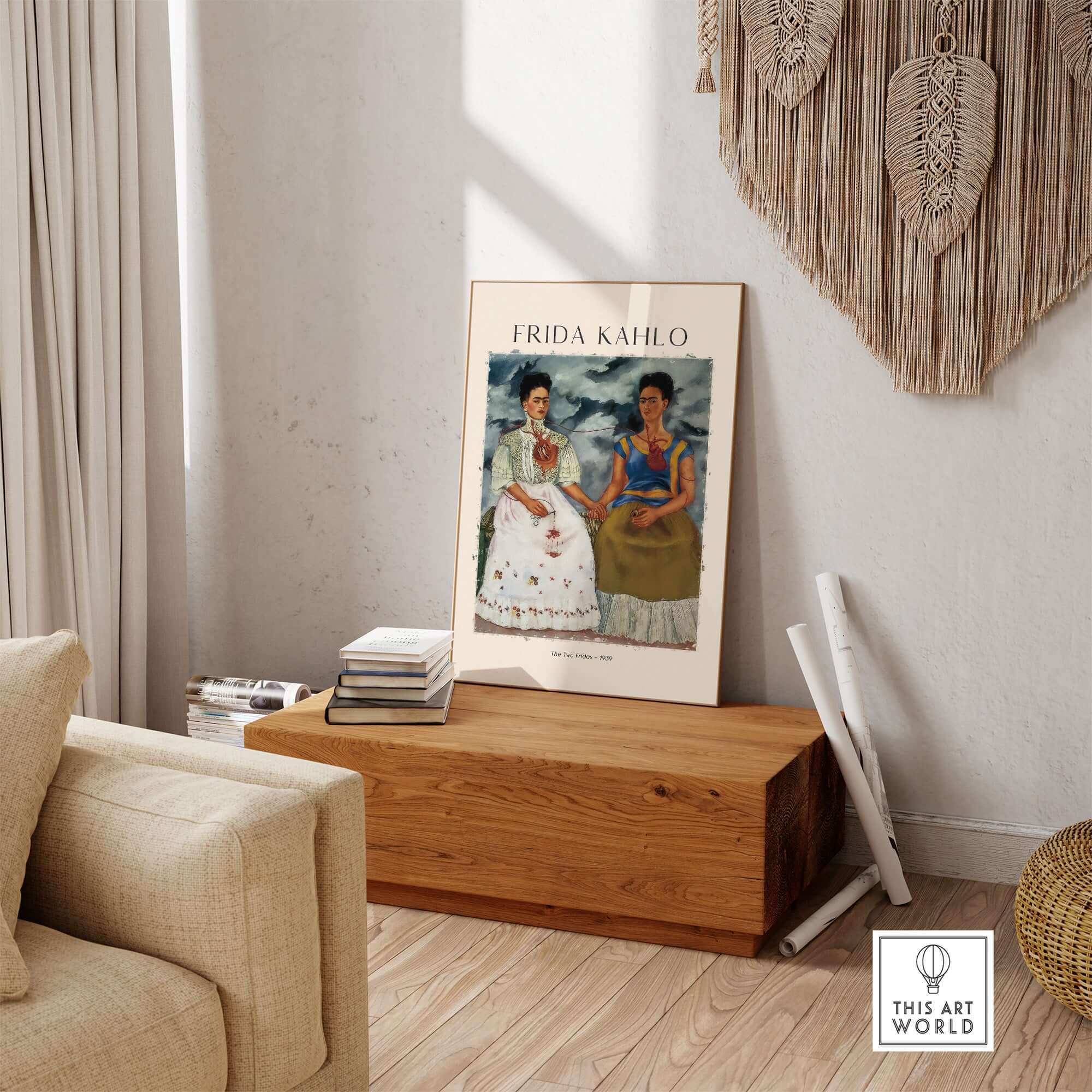Frida Kahlo The Two Fridas Famous Art Print Poster Wall Art displayed in a stylish living room setting.