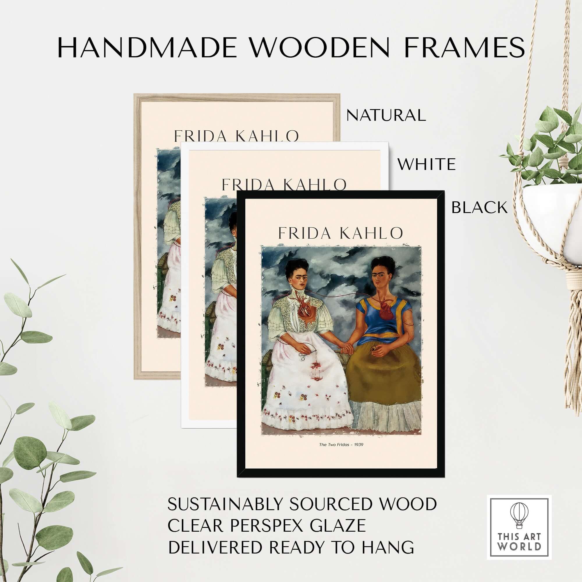 Frida Kahlo The Two Fridas Famous Art Print Poster Wall Art displayed in handmade wooden frames in natural, white, and black.