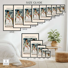 Frida Kahlo The Two Fridas Famous Art Print Poster Wall Art size guide showcasing various print dimensions on a wall.