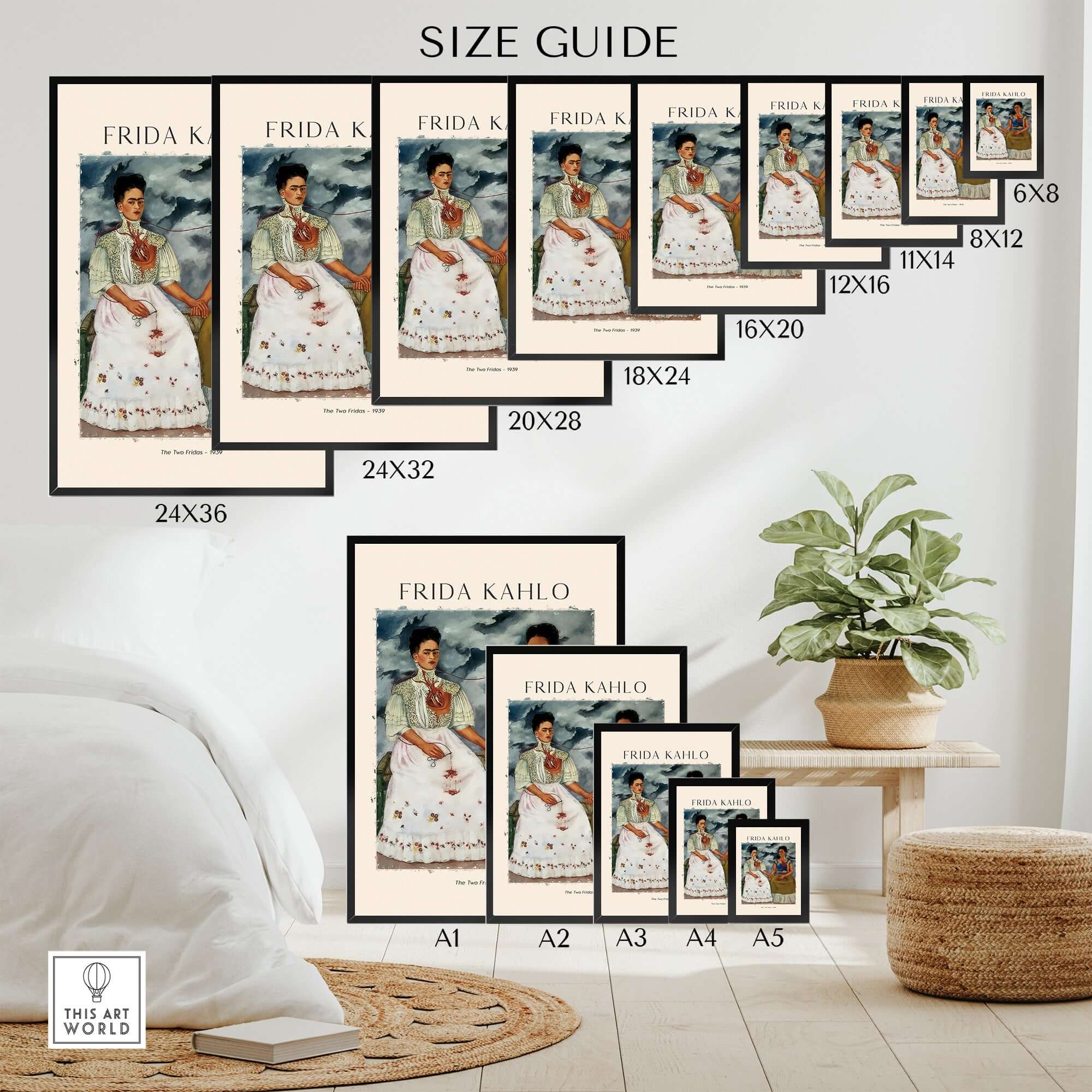 Frida Kahlo The Two Fridas Famous Art Print Poster Wall Art size guide showcasing various print dimensions on a wall.