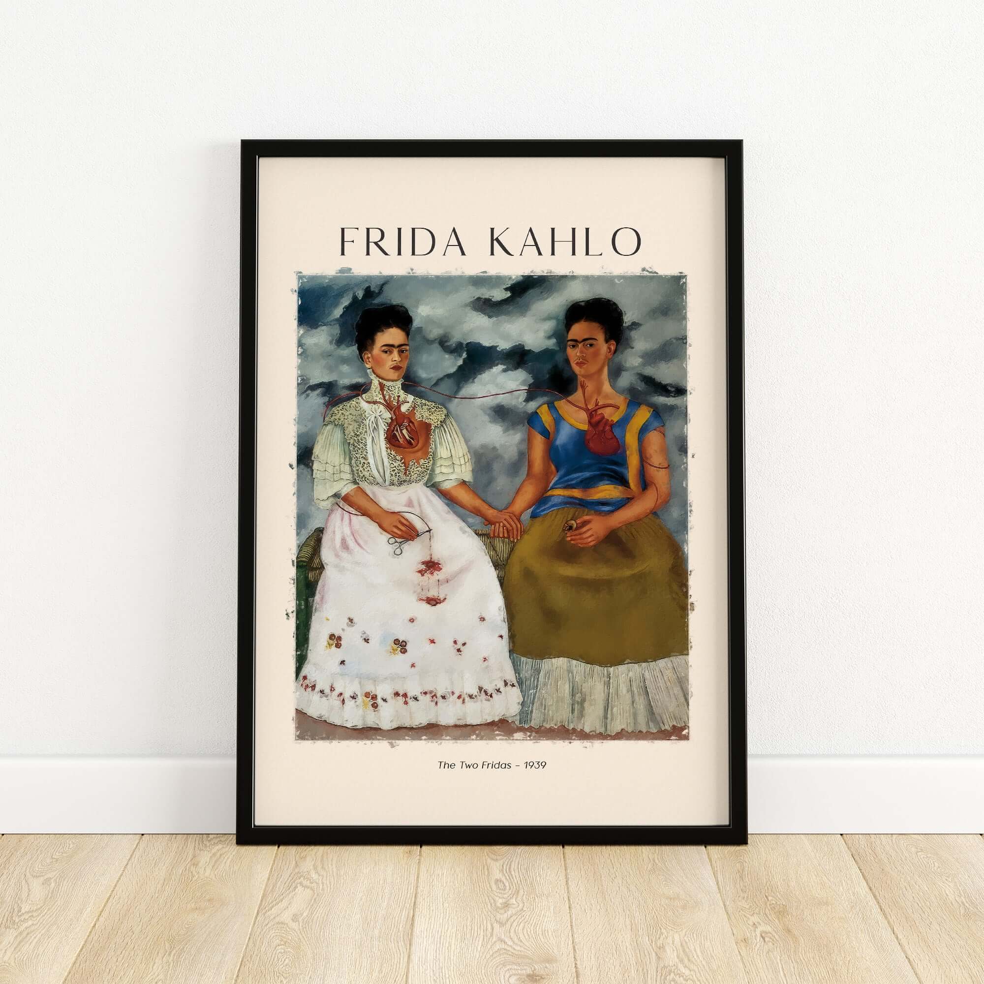 Frida Kahlo The Two Fridas Famous Art Print Poster Wall Art featuring the double self-portrait painting.