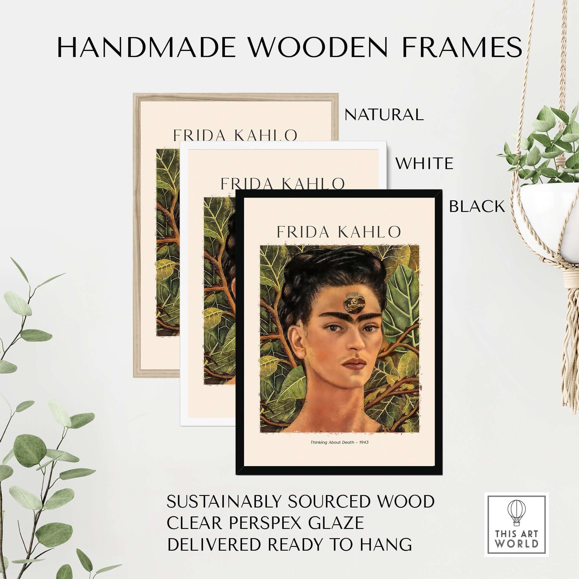 Frida Kahlo Thinking About Death Self Portrait Wall Art Print Poster with handmade wooden frames in natural, white, and black.