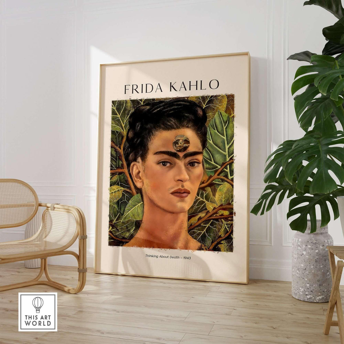 Frida Kahlo Thinking About Death Self Portrait Wall Art Print Poster in a stylish interior setting.