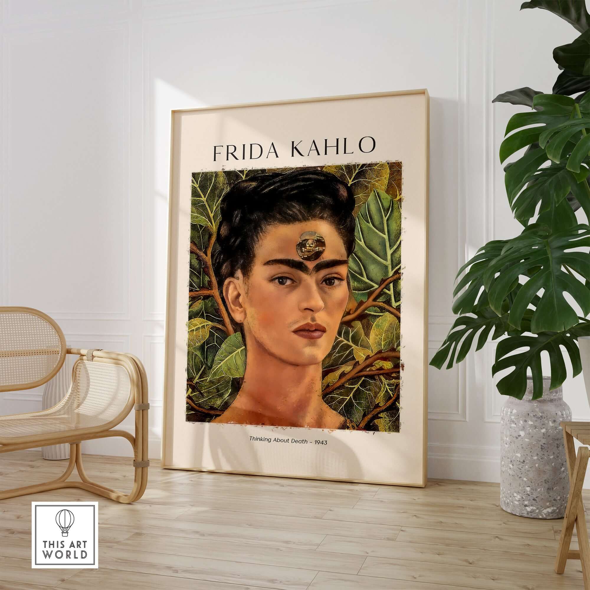 Frida Kahlo Thinking About Death Self Portrait Wall Art Print Poster in a stylish interior setting.