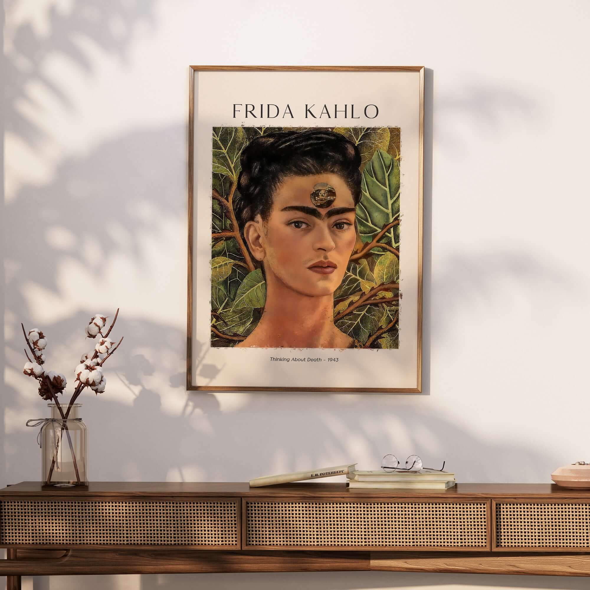Frida Kahlo Thinking About Death Self Portrait Wall Art Print Poster displayed in a modern interior setting.