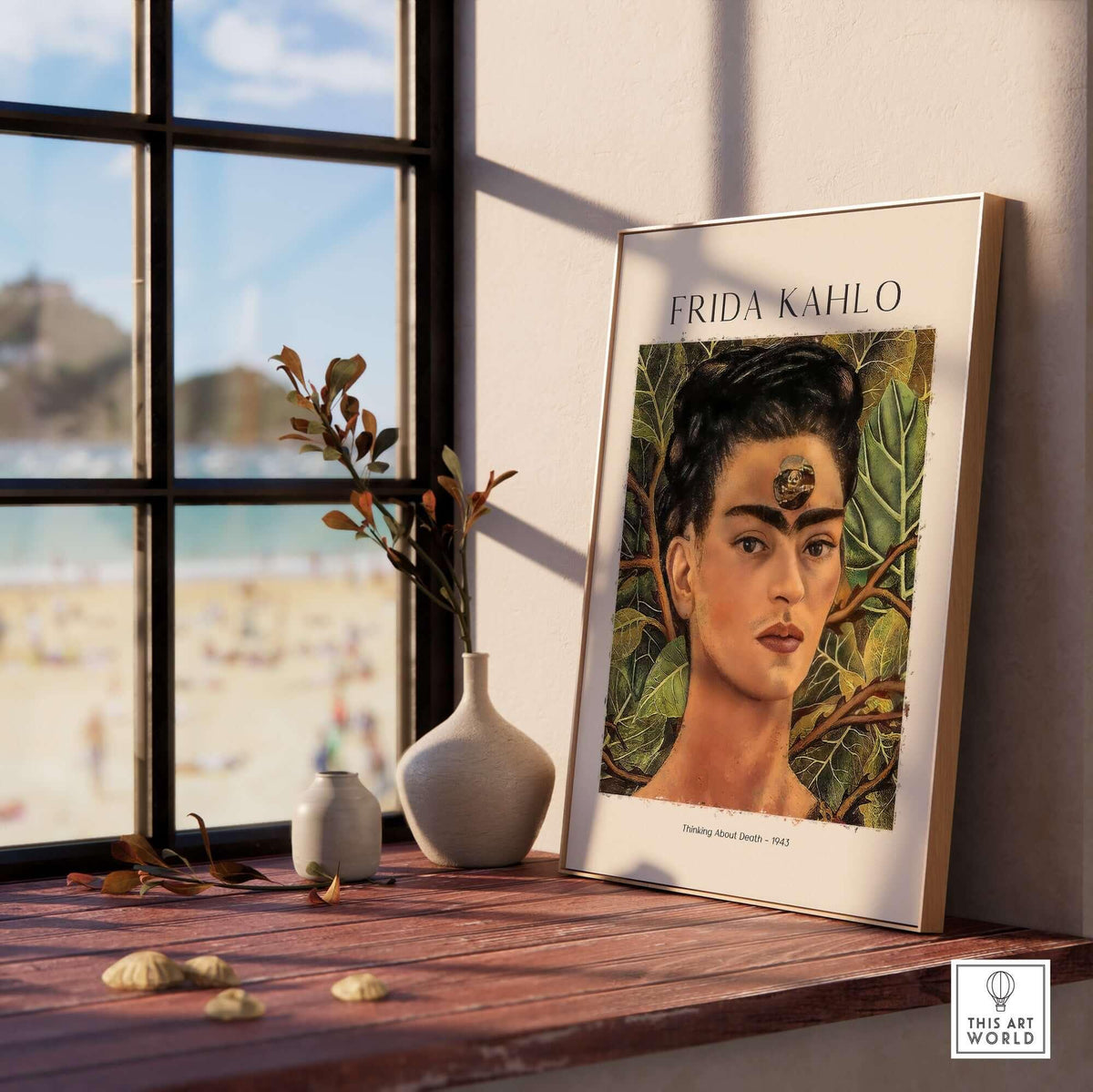 Frida Kahlo Thinking About Death Self Portrait Wall Art Print Poster displayed in a bright interior setting with natural light.