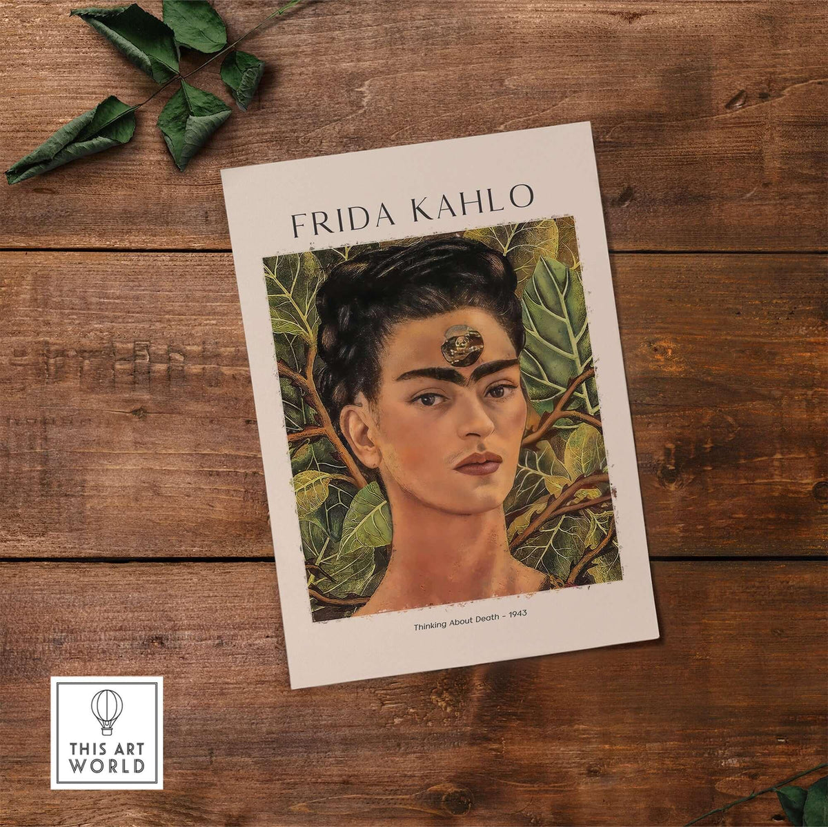Frida Kahlo Thinking About Death Self Portrait Wall Art Print Poster featuring a close-up portrait with leaves.