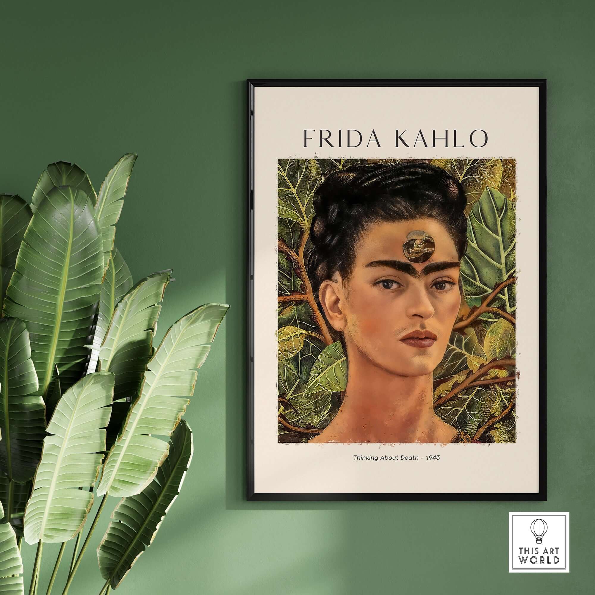 Frida Kahlo Thinking About Death Self Portrait Wall Art Print Poster featuring a close-up self-portrait against a leafy background.
