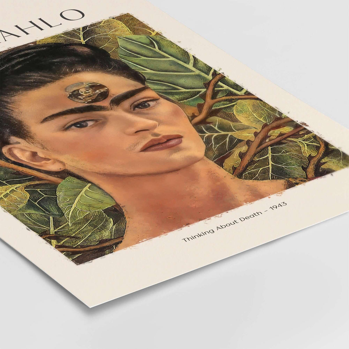 Frida Kahlo Thinking About Death Self Portrait Wall Art Print Poster featuring a self-portrait with skull and leaves.