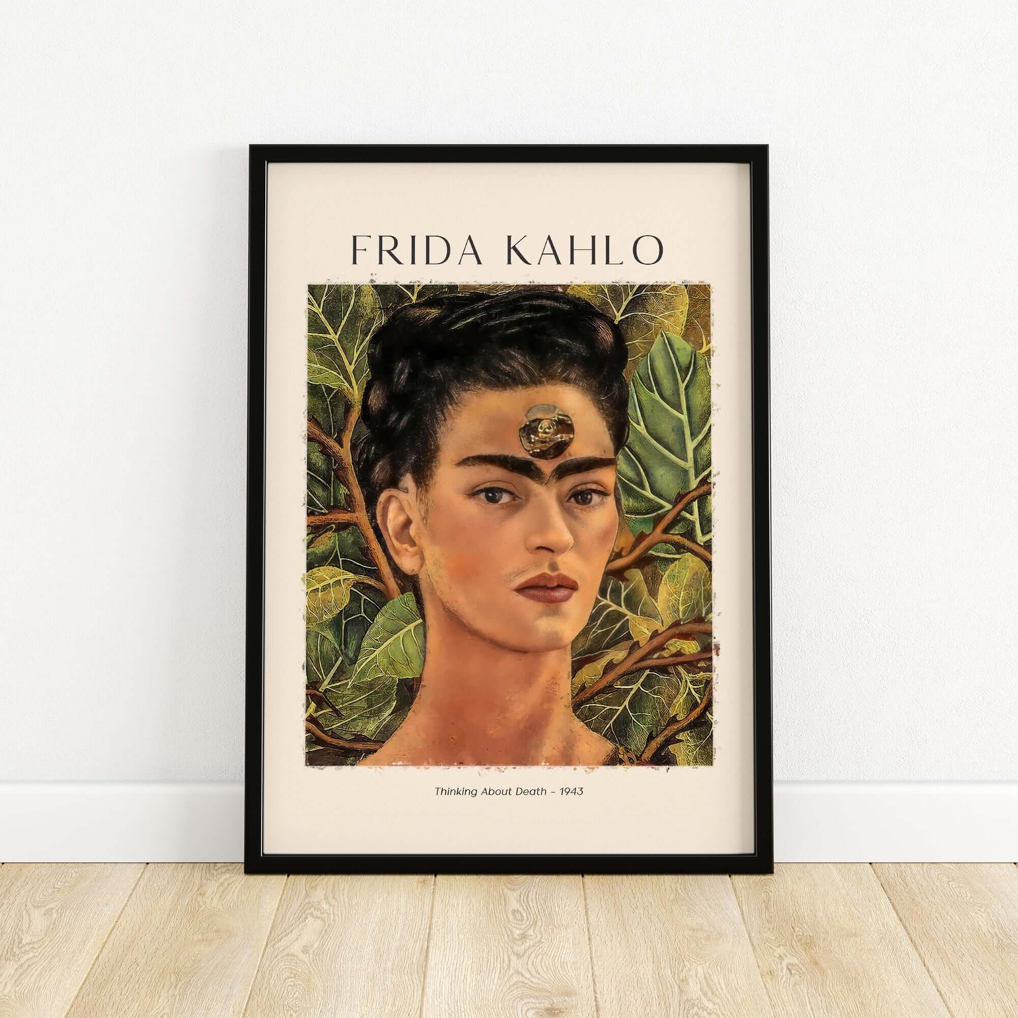 Frida Kahlo Thinking About Death Self Portrait Wall Art Print Poster featuring a close-up of Frida surrounded by dense leaves.