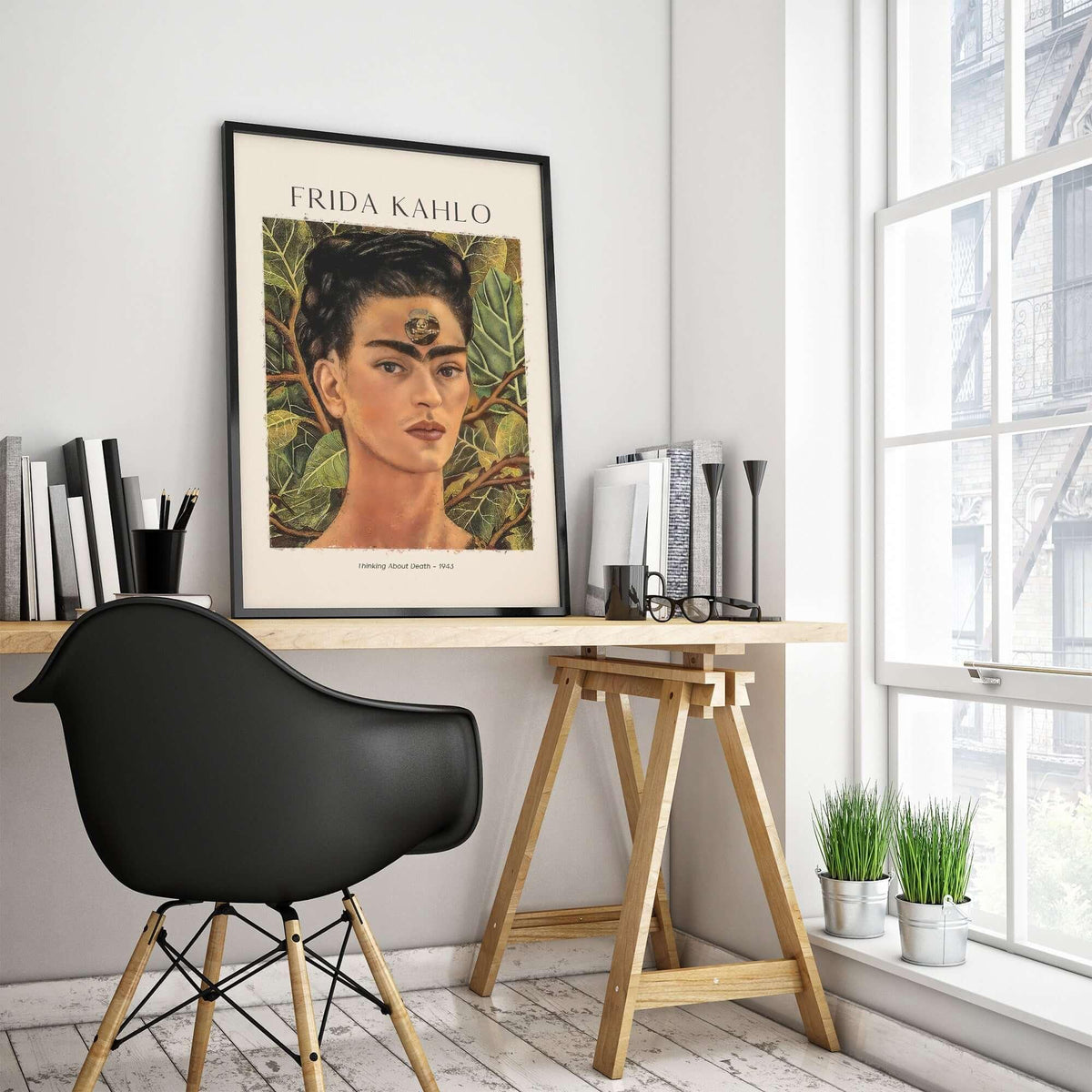 Frida Kahlo Thinking About Death Self Portrait Wall Art Print Poster displayed in a modern office setting.
