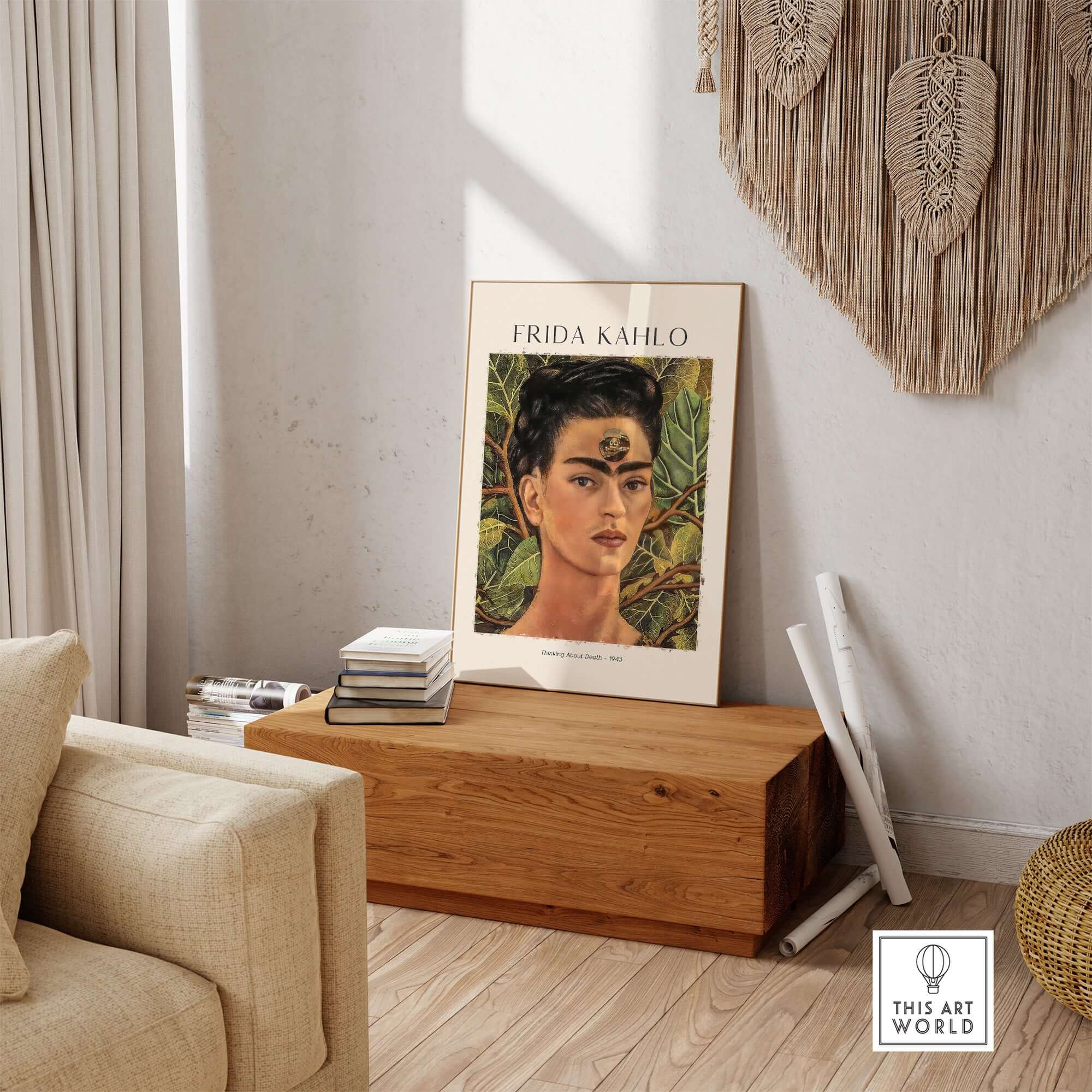 Frida Kahlo Thinking About Death Self Portrait Wall Art Print Poster displayed in a cozy living room setting.