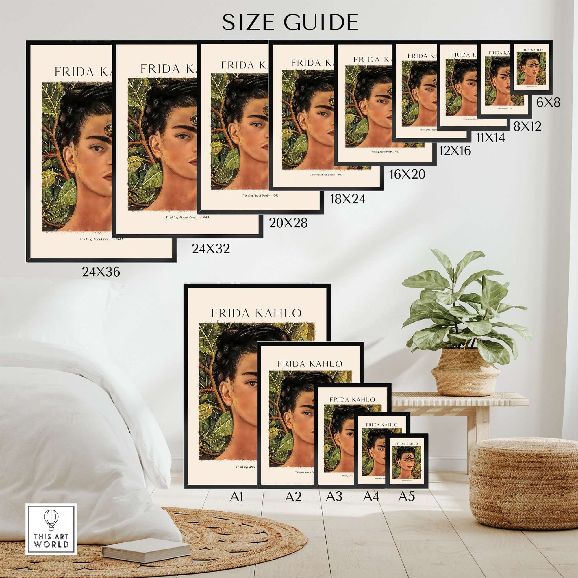 Frida Kahlo Thinking About Death Self Portrait Wall Art Print Poster size guide showcasing various dimensions.