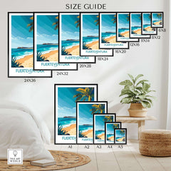 Fuerteventura Art Print size guide displaying various frame options and dimensions for home decor.