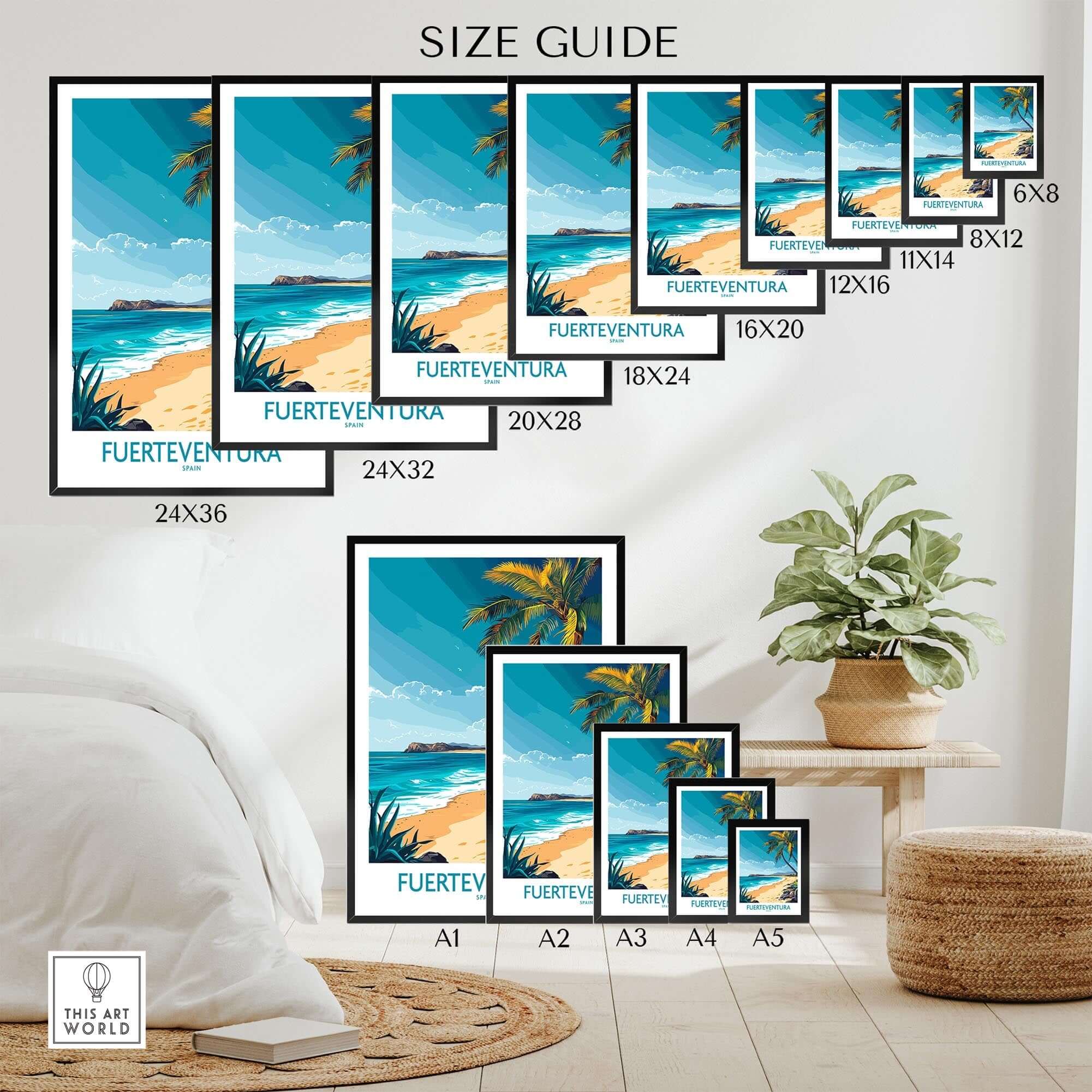 Fuerteventura Art Print size guide displaying various frame options and dimensions for home decor.