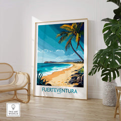 Fuerteventura Art Print showcasing a stunning beach scene with palm trees, vibrant colors and a touch of paradise in home decor.