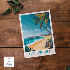 Fuerteventura Art Print showcasing a beautiful beach scene with vibrant colors and palm trees, perfect for home decor.