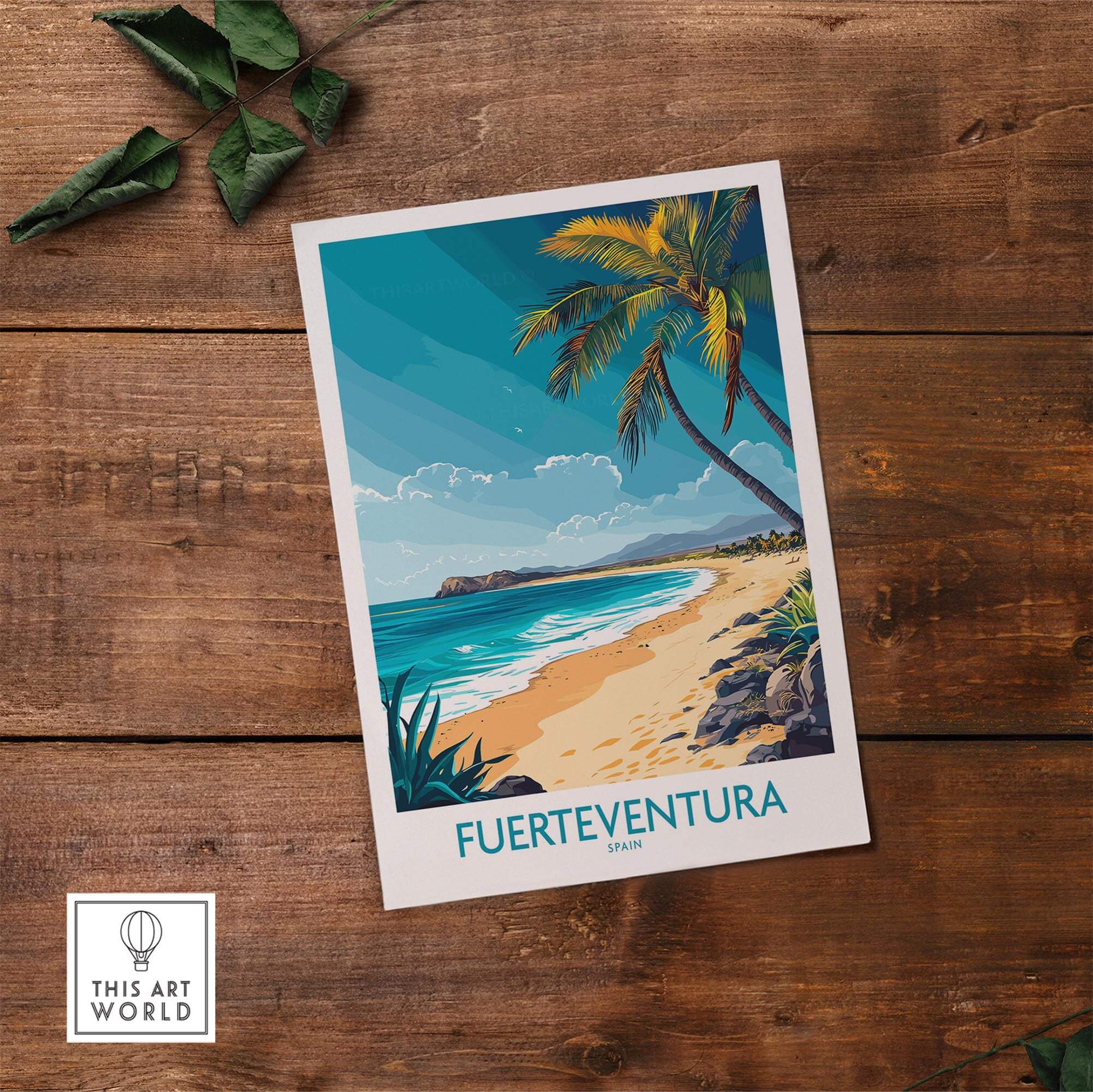 Fuerteventura Art Print showcasing a beautiful beach scene with vibrant colors and palm trees, perfect for home decor.