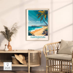 Fuerteventura Art Print showcasing a beautiful beach scene with palm trees in vibrant colors, ideal for home decor.