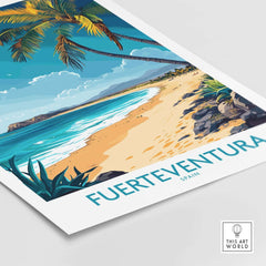 Fuerteventura Art Print showcasing a tropical beach scene with palm trees and vibrant colors, perfect for home decor.
