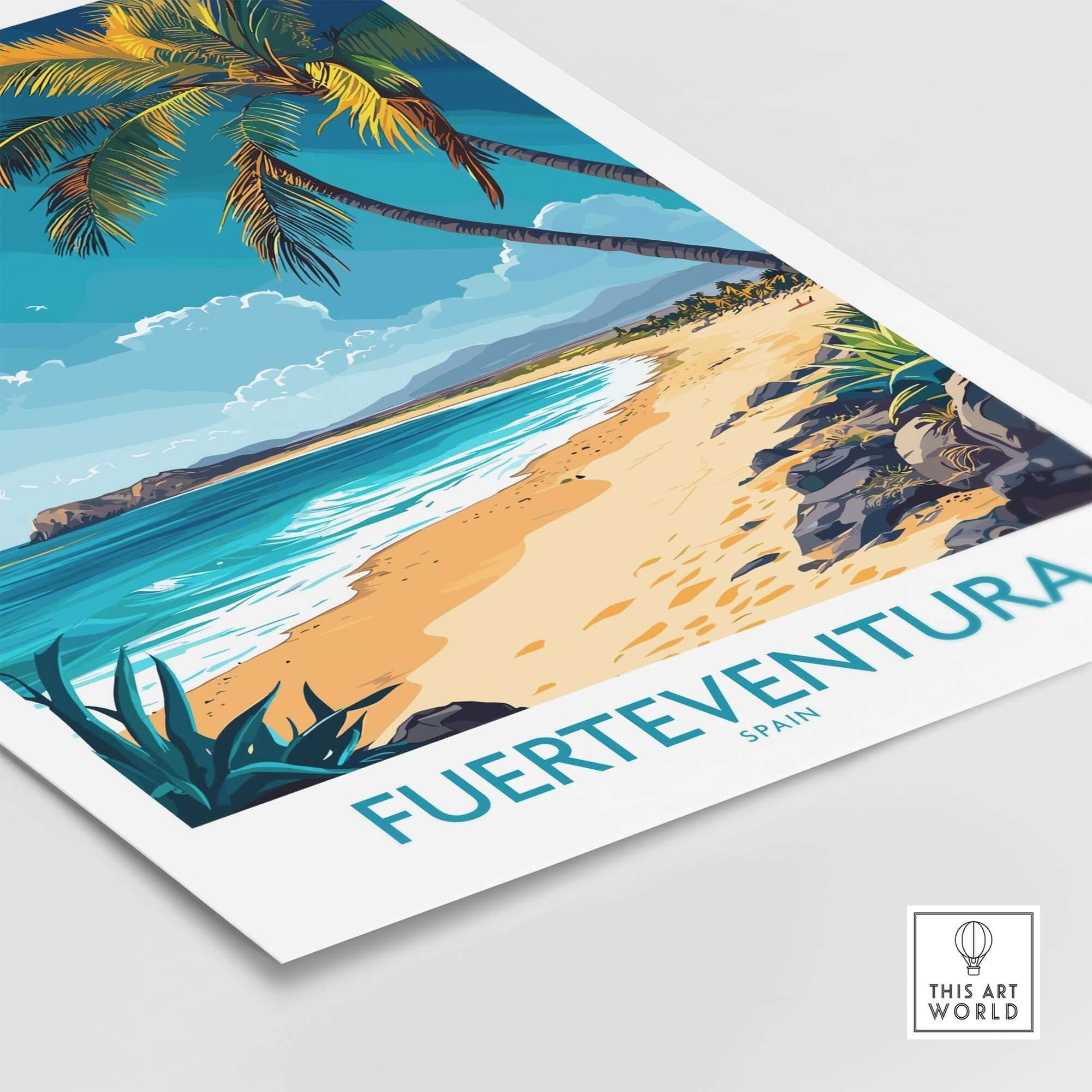 Fuerteventura Art Print showcasing a tropical beach scene with palm trees and vibrant colors, perfect for home decor.