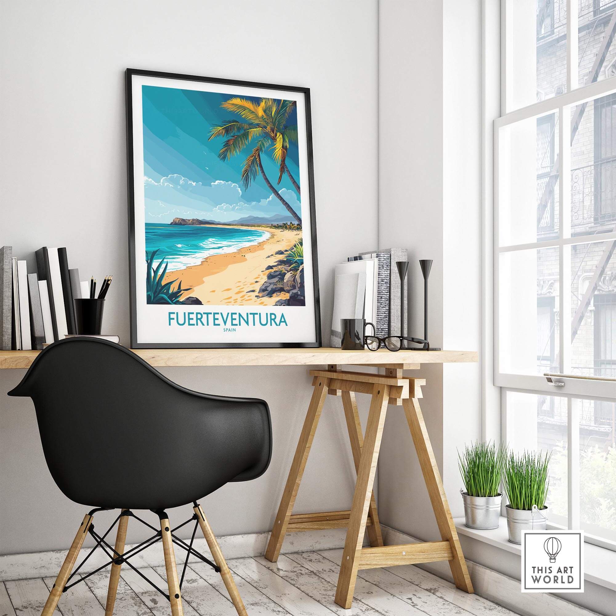 Fuerteventura Art Print displayed in a stylish workspace with sunny beach scenery and palm trees.