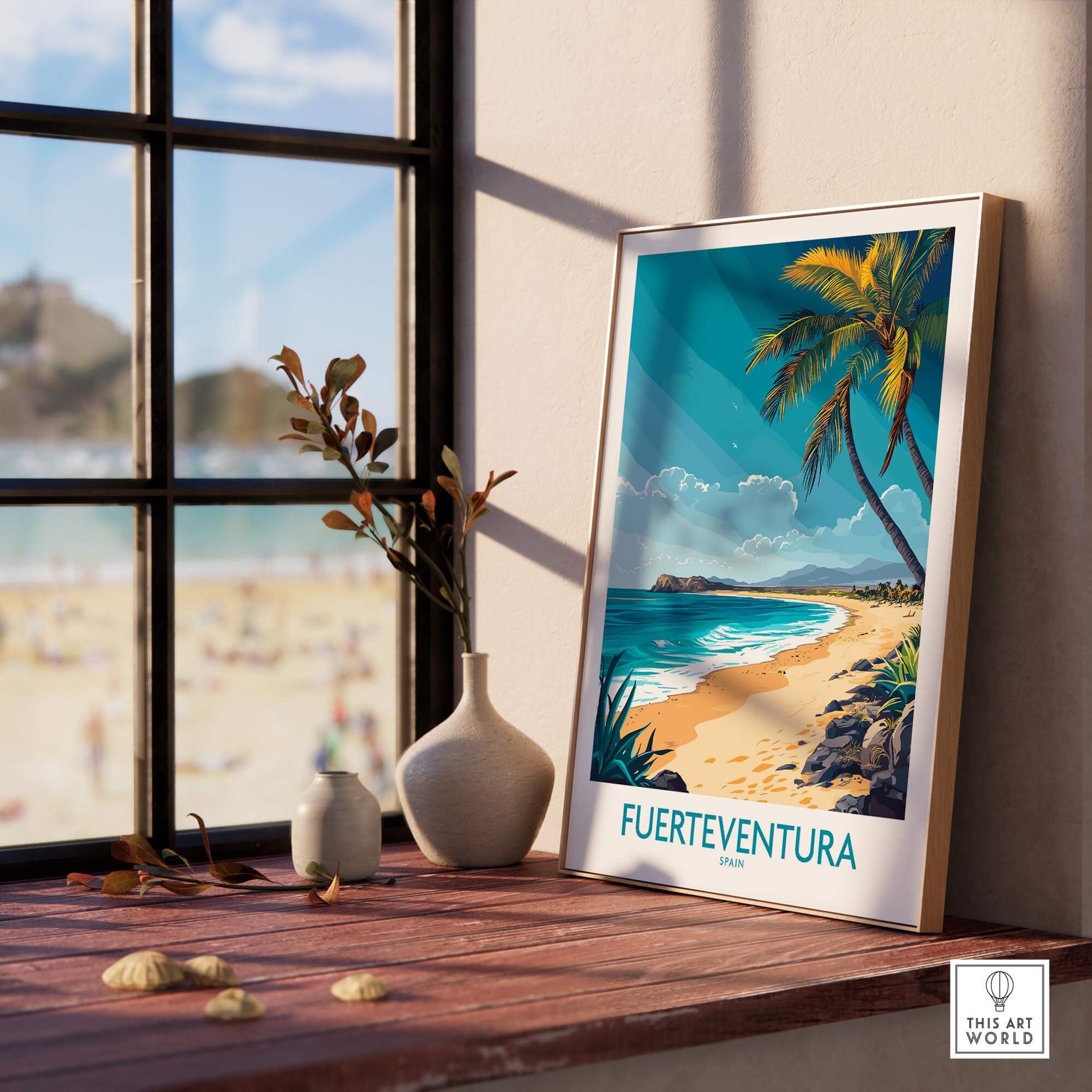 Fuerteventura Art Print showcasing a stunning beach scene with palm trees, perfect for home decor and travel enthusiasts.