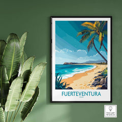 Fuerteventura Art Print showcasing a beautiful beach scene with palm trees and vibrant colors, perfect for home decor.