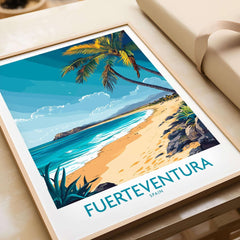 Fuerteventura Art Print featuring a tropical beach scene with palm trees, waves, and vibrant colors, bringing a touch of Spain to home decor.