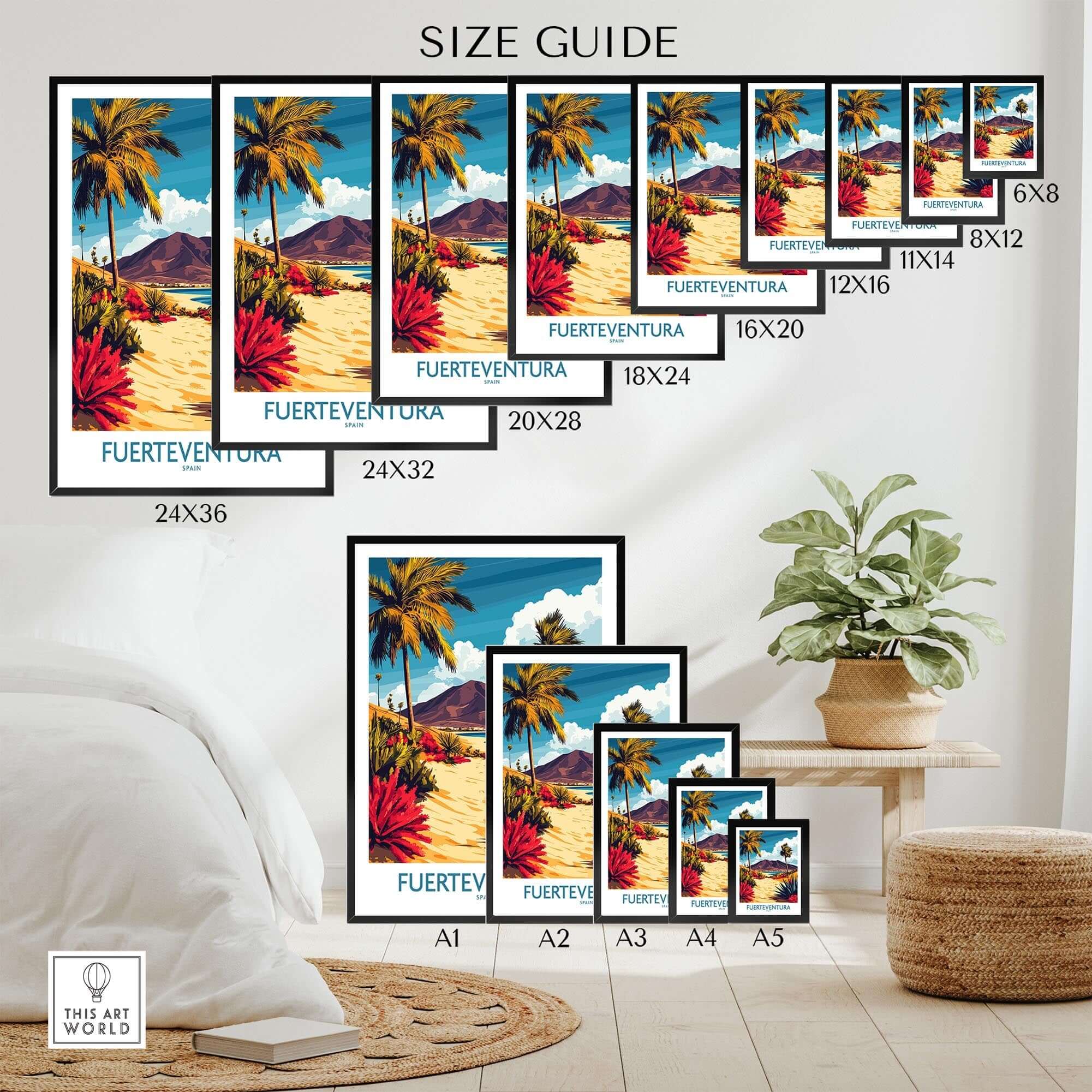 Fuerteventura Canary Islands Spain Travel Poster size guide with various frame sizes displayed in a modern living room.