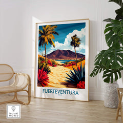 Fuerteventura Canary Islands Spain Travel Poster showcasing vibrant tropical design with palm trees and mountains.