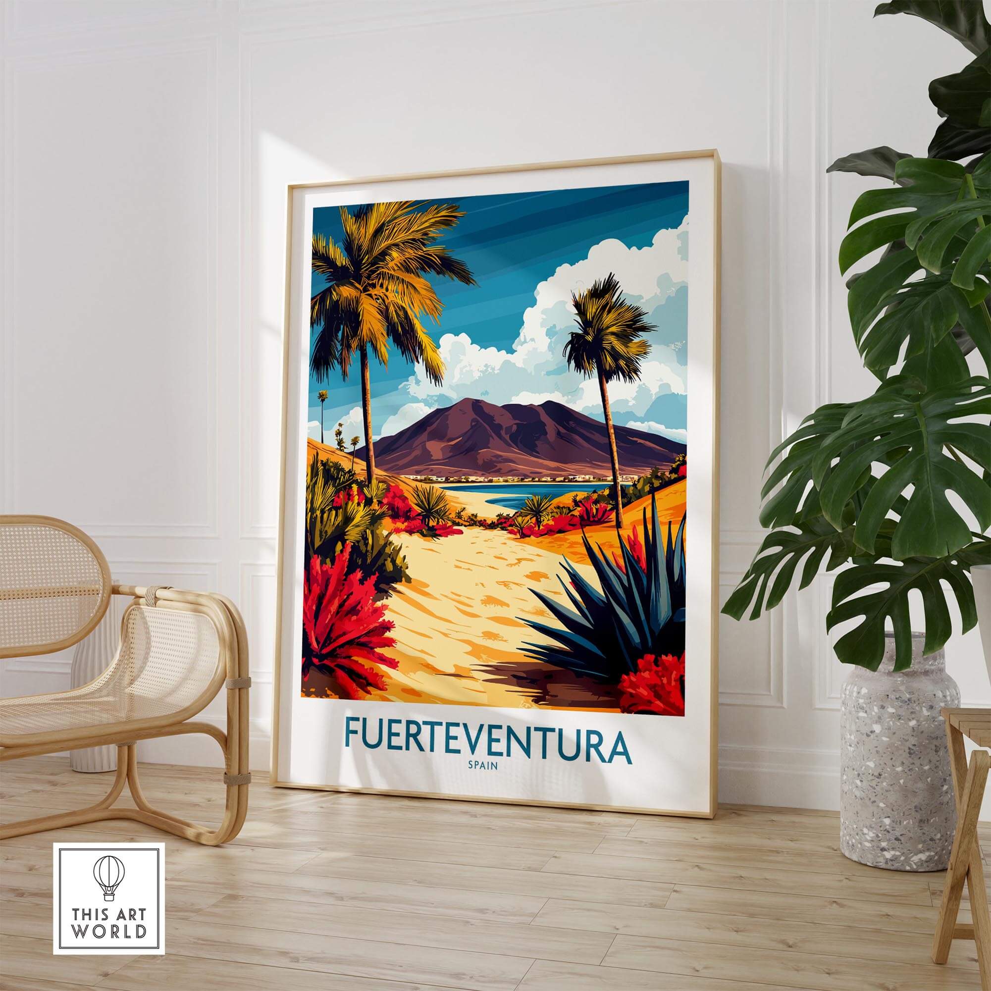 Fuerteventura Canary Islands Spain Travel Poster showcasing vibrant tropical design with palm trees and mountains.