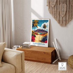 Fuerteventura Canary Islands Spain Travel Poster displayed in a modern living room setting.