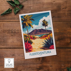Fuerteventura Canary Islands Spain Travel Poster featuring vibrant tropical scenery and palm trees.