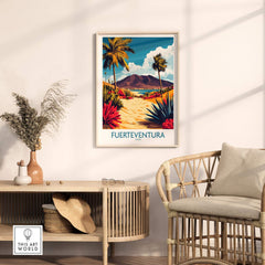 Fuerteventura Canary Islands Spain Travel Poster displayed in a stylish interior featuring tropical art and decor.