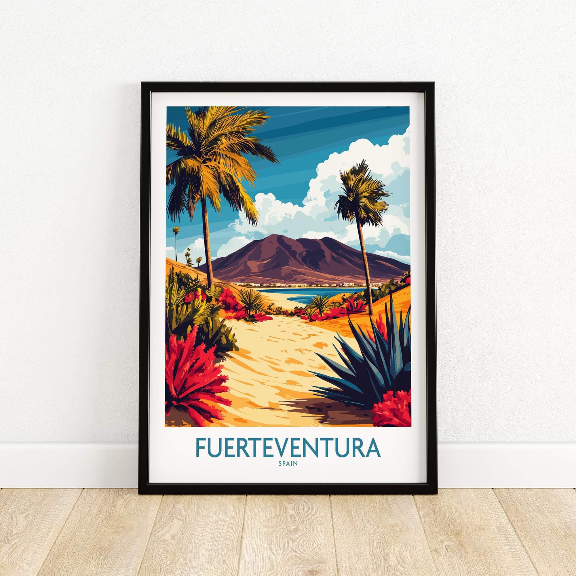 Fuerteventura Canary Islands Spain Travel Poster featuring vibrant tropical landscape and palm trees.