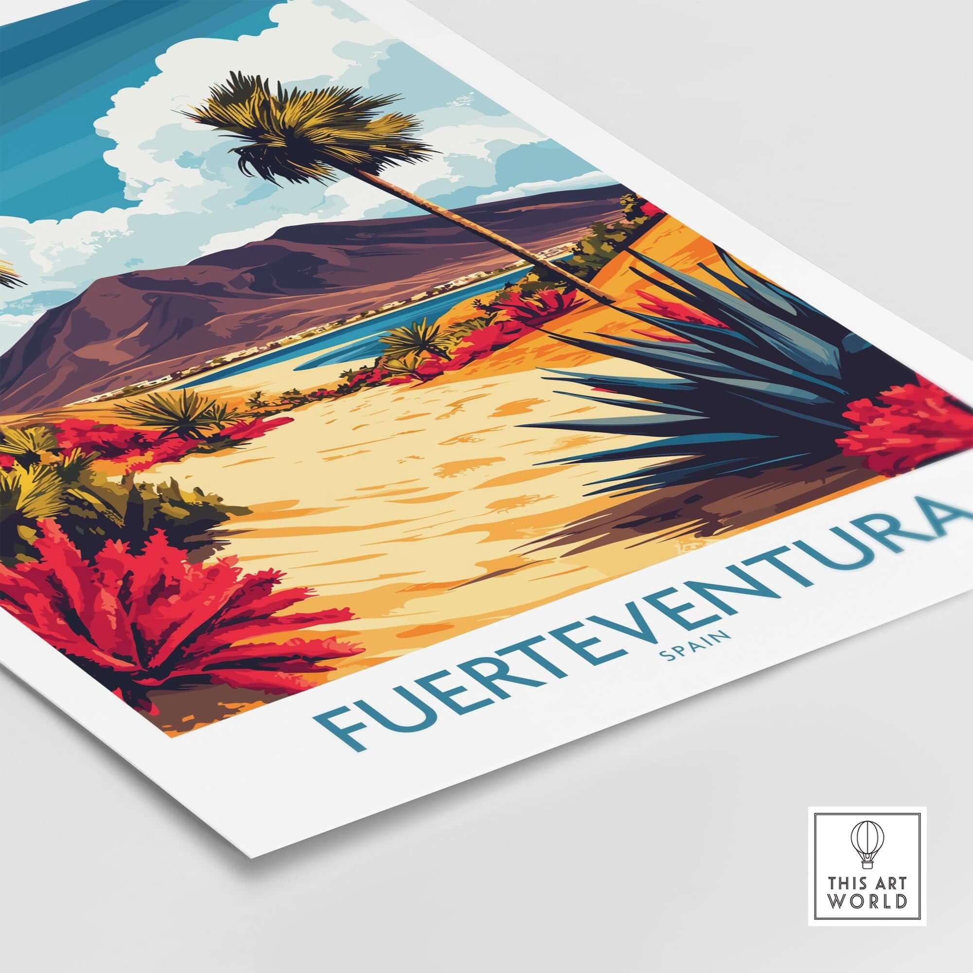 Fuerteventura Canary Islands Spain Travel Poster featuring vibrant tropical design and exotic scenery.