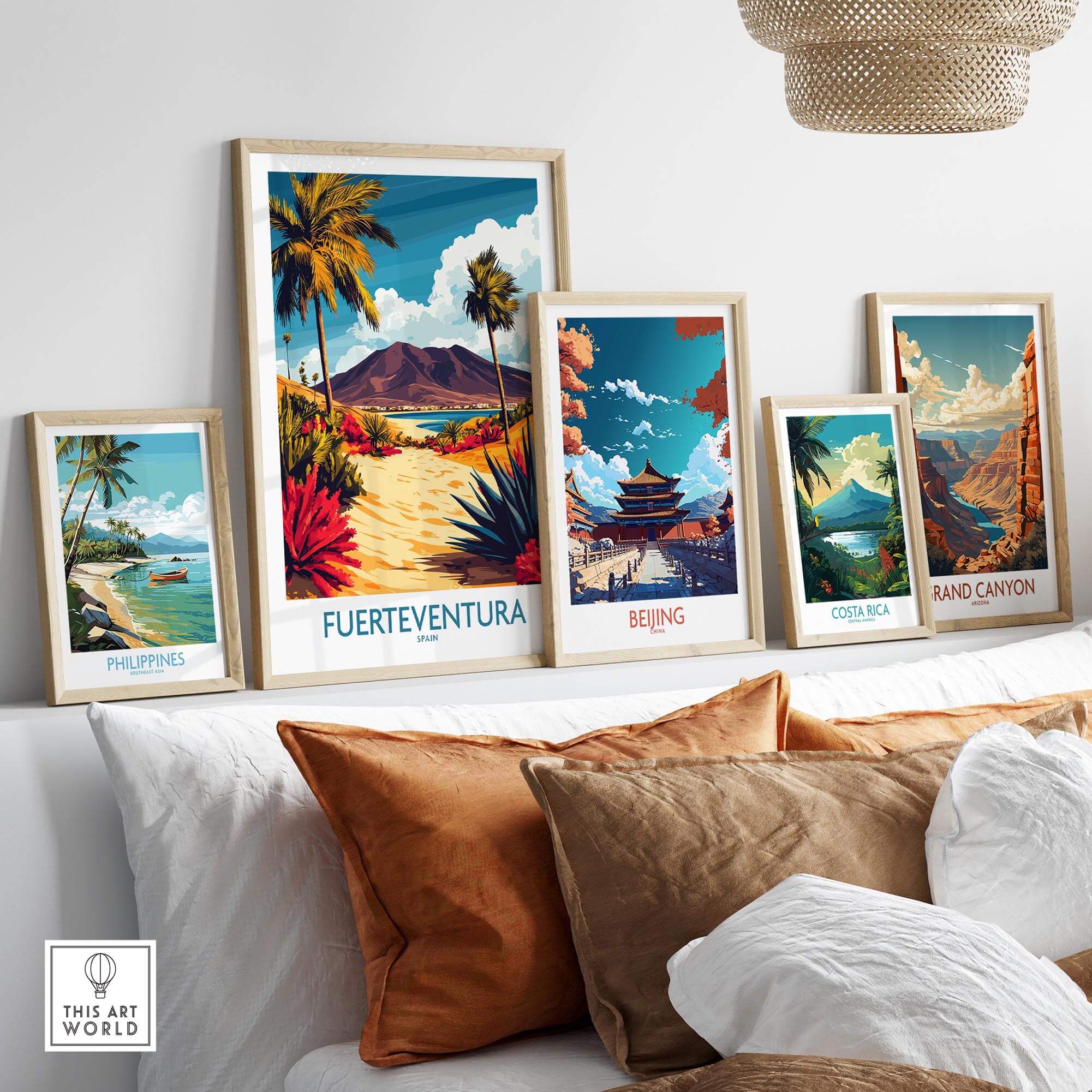 Fuerteventura Canary Islands Spain Travel Poster displayed among various travel posters in a stylish home setting.