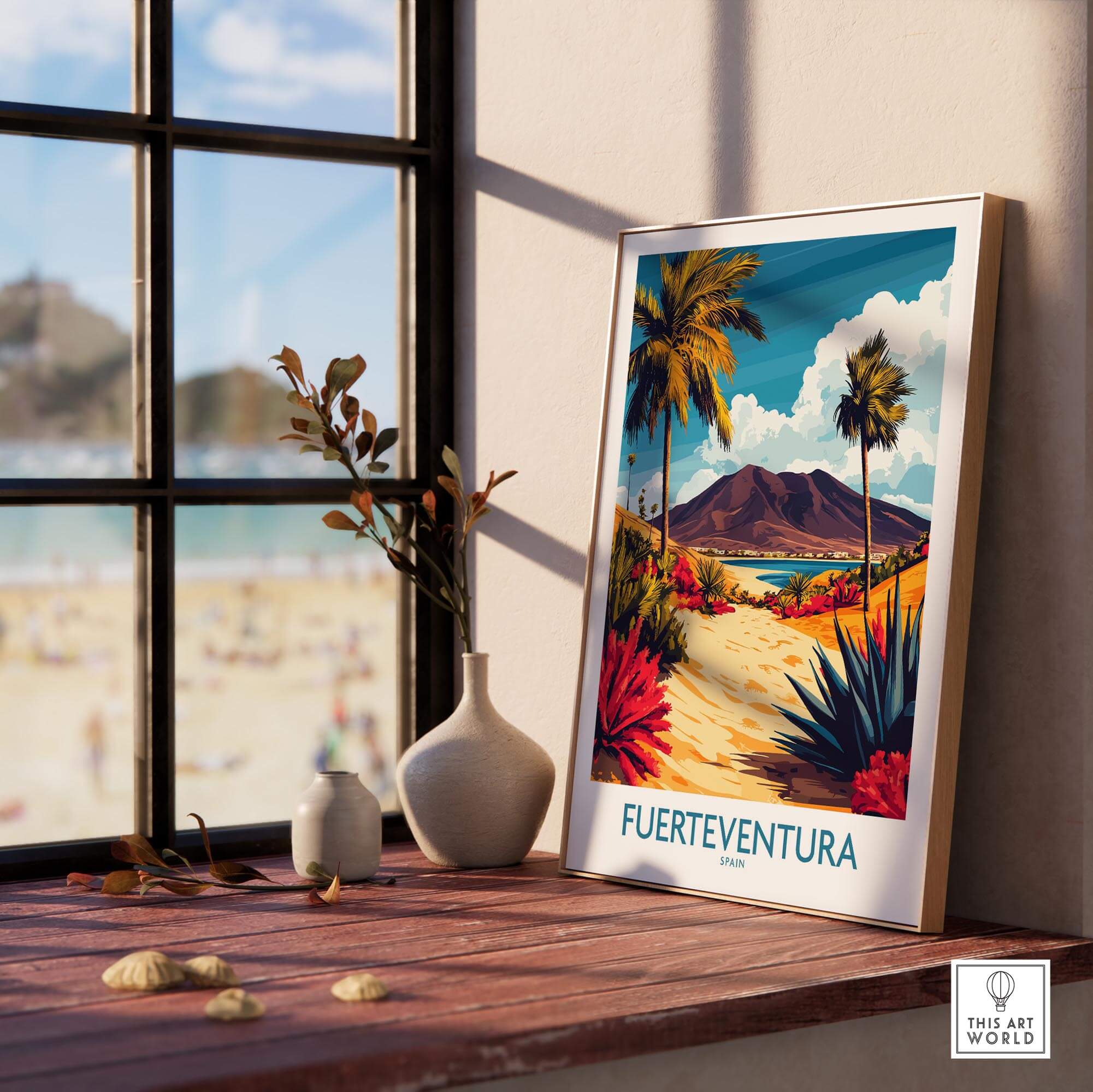 Fuerteventura Canary Islands Spain Travel Poster displayed in a sunny room with plants and beach view.
