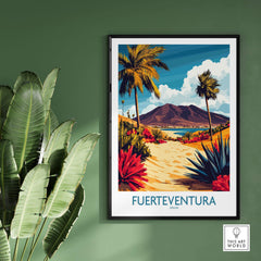 Fuerteventura Canary Islands Spain Travel Poster featuring vibrant colors and tropical scenery.