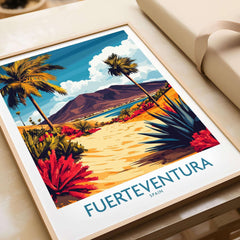 Fuerteventura Canary Islands Spain Travel Poster featuring vibrant tropical landscape and palm trees.