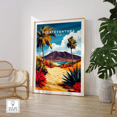 Fuerteventura Canary Islands Spain Travel Print showcasing vibrant beach scenery and palm trees in a stylish interior.