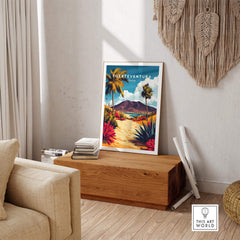 Fuerteventura Canary Islands Spain Travel Print displayed on a wooden table in a stylish living room setting.