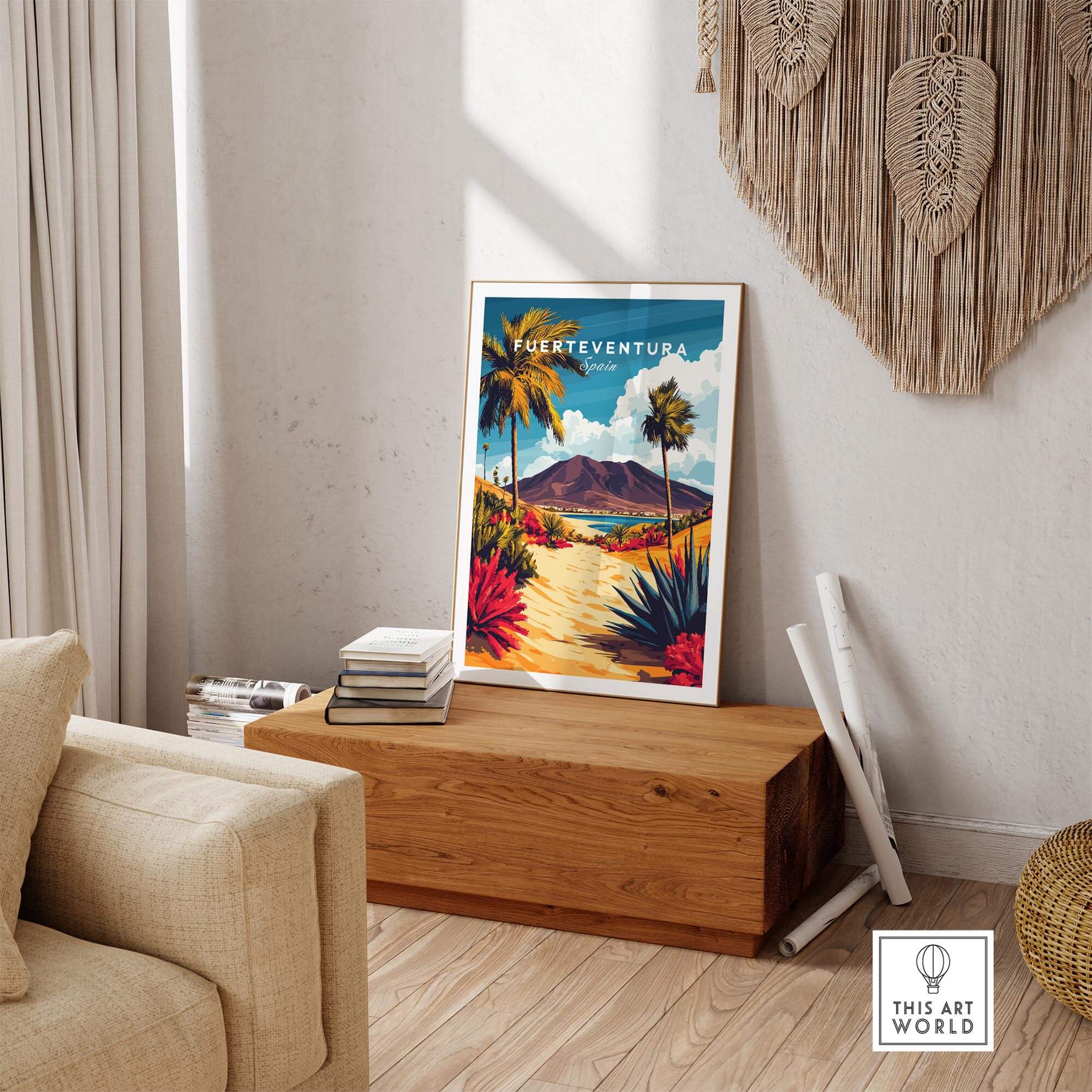 Fuerteventura Canary Islands Spain Travel Print displayed on a wooden table in a stylish living room setting.