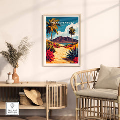 Fuerteventura Canary Islands Spain Travel Print framed on wall in modern decor with palm trees and vibrant landscape.