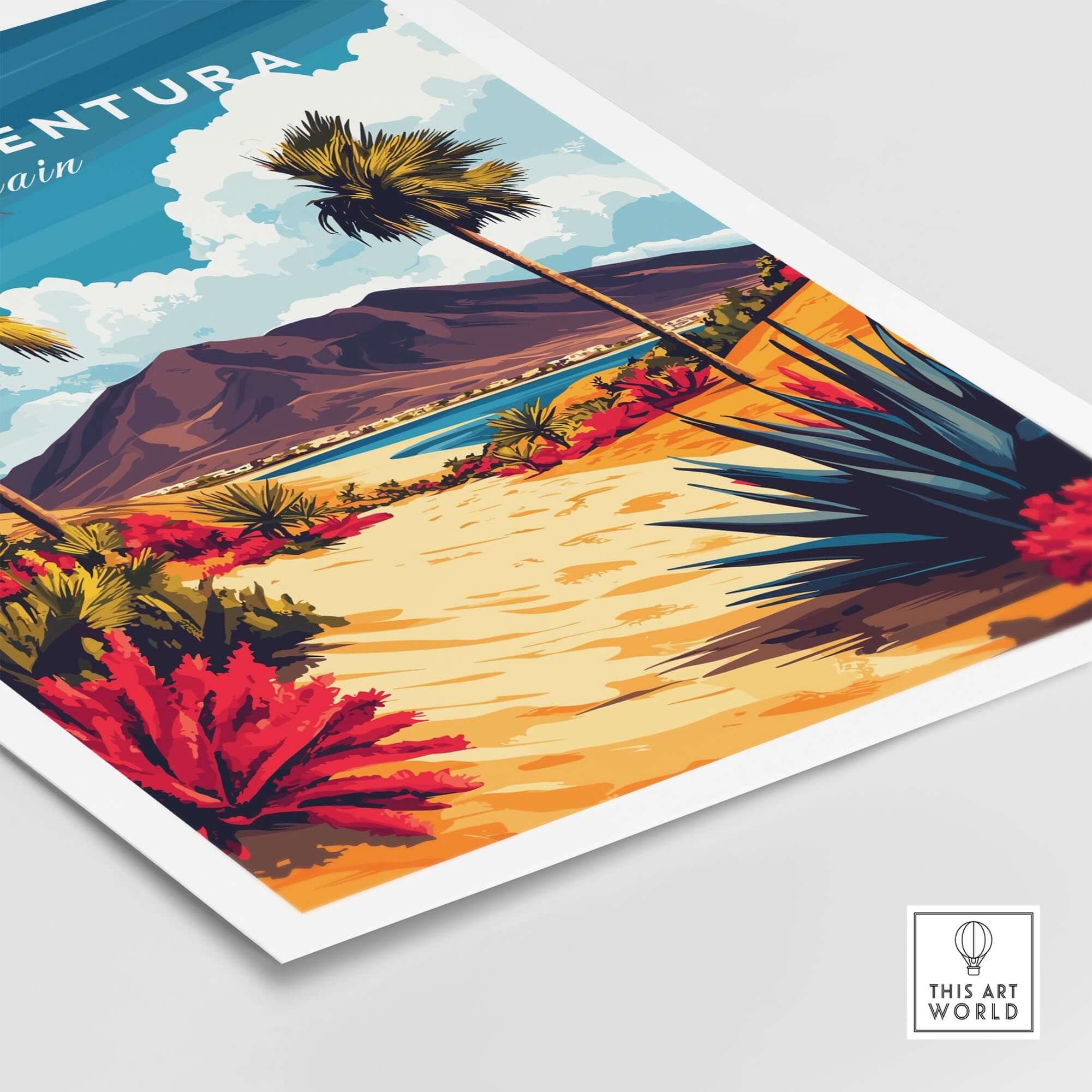 Fuerteventura Canary Islands Spain Travel Print featuring vibrant landscapes and tropical plants.