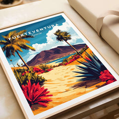 Fuerteventura Canary Islands Spain Travel Print featuring vibrant landscapes and palm trees in a beautiful frame.