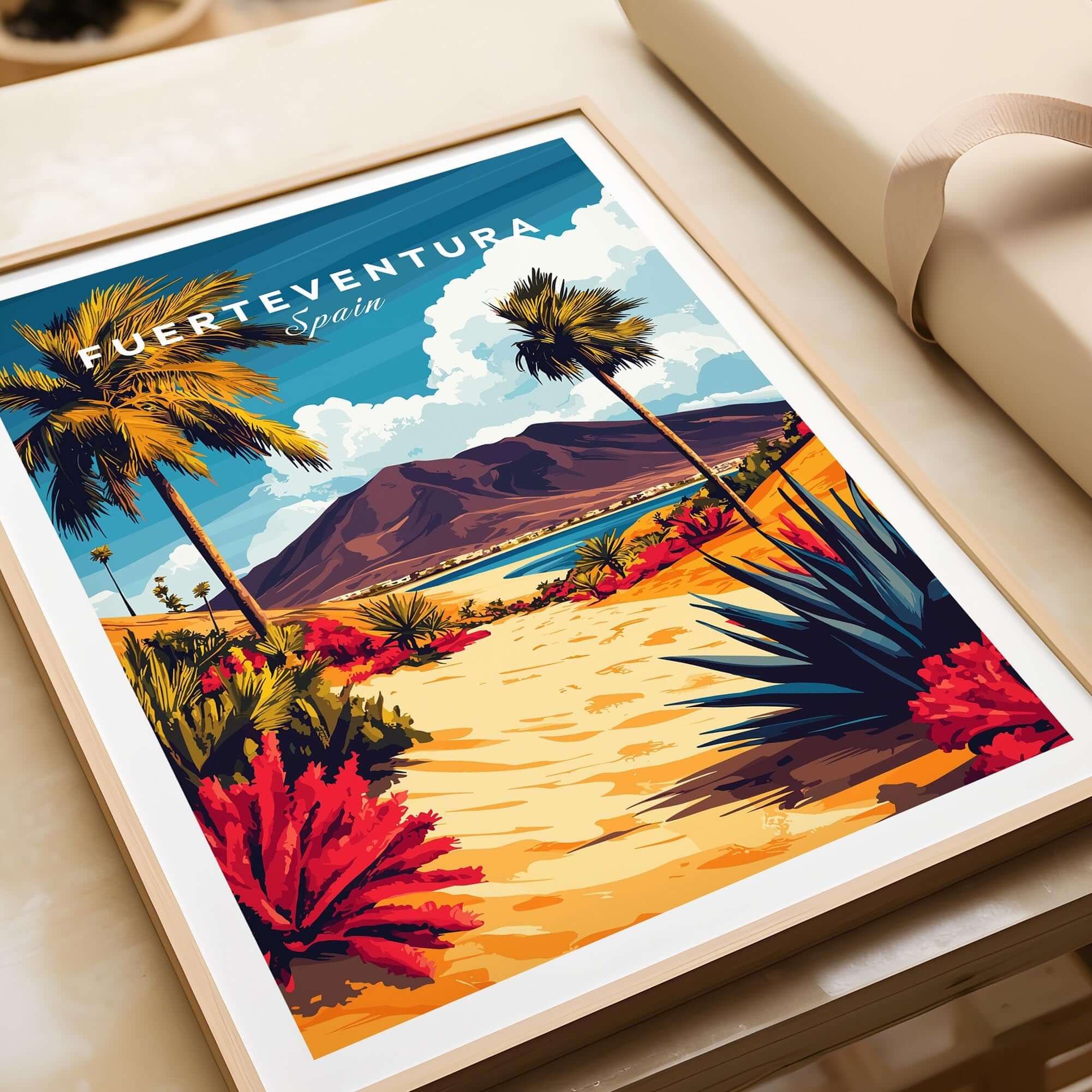 Fuerteventura Canary Islands Spain Travel Print featuring vibrant landscapes and palm trees in a beautiful frame.